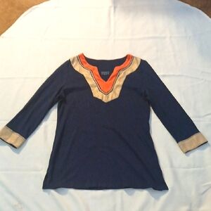 Navy Top With Gold Orange And Embroidery Accents From Charter Club Made In India